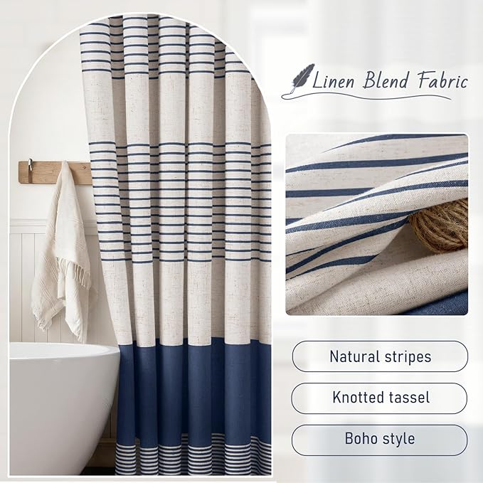 XOGUIBO Navy Blue Shower Curtain Linen Coastal Ocean Striped Shower Curtains for Bathroom with Tassel 60 X 72