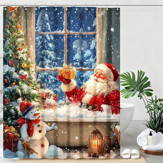 mutakin Vintage Christmas Shower Curtain Retro Santa Claus Shower Curtains for Bathroom Waterproof Fabric Bath Curtain Decor with Hooks