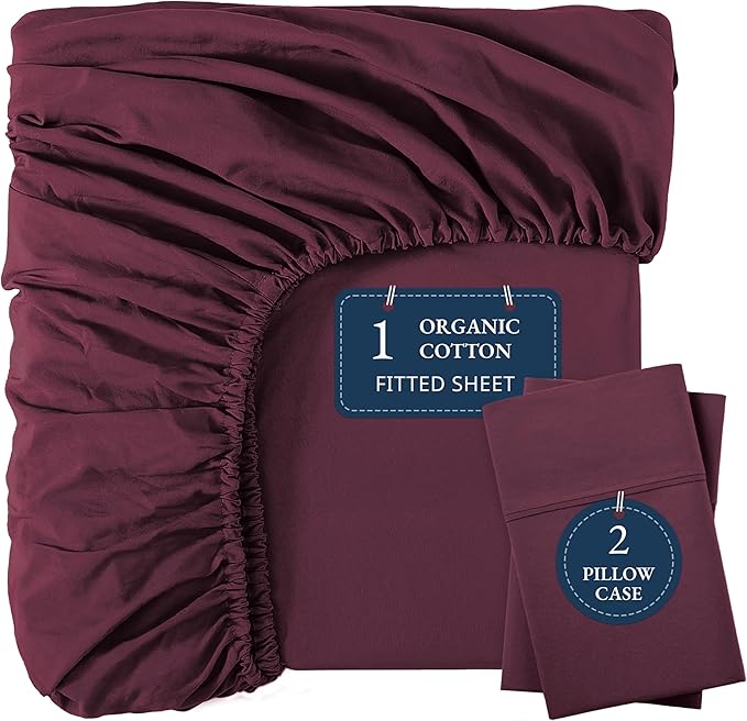 LANE LINEN Full Fitted Sheet, 100% Organic Cotton, 3Pc Set (1 Fitted Sheet,2 Pillowcases), Percale Weave, Full Bed Bottom Sheet, Ultra Soft, Fits Mattress Upto 15" Deep - Windsor Wine (No Flat Sheet)