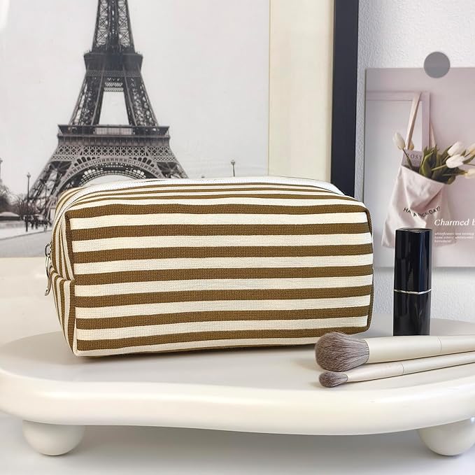 STARDW Striped Cotton Makeup Bag, Cute Cosmetic Pouch with Canvas Lining & Zipper, Travel Toiletry Bag