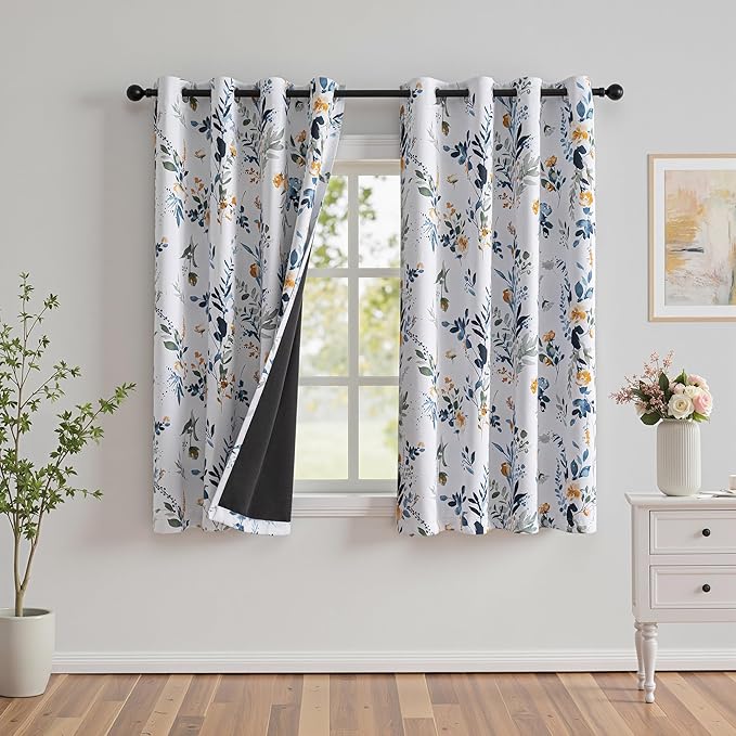 MYSKY HOME 95% Blackout Floral Curtains 72 inch Long for Bedroom Living Room Flower Patterned Room Darkening Thermal Insulated Soundproof Grommet Window Treatments, 2 Pcs, 52" Wide, Yellow and Blue