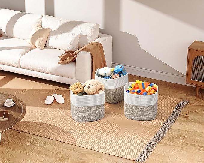 Gocjuaza 3 Pack Storage Cubes 11 Inch Cotton Rope Woven Baskets for Organizing Cube Bin Square Shelves Organizer,Classroom,Kids Toy Bins,Closet,Baby Nursery(Brown)