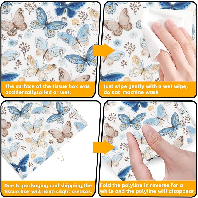 Vintage Butterflies Tissue Box Cover,Blue Butterfly PU Leather Tissue Box Holder Square,Modern Home Decoration for Bathroom Living Room Kitchen Office Car,5.2"×5.2"×5.2"