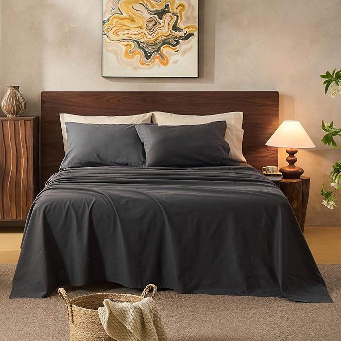 100% Linen Sheets King Size,Breathable & Durable 4-Piece Bed Flax Sheet Set,Soft All-Season Bedding for Hot Sleepers 16" Deep Pocket Oeko-TEX Certified,（King, Dark Grey）