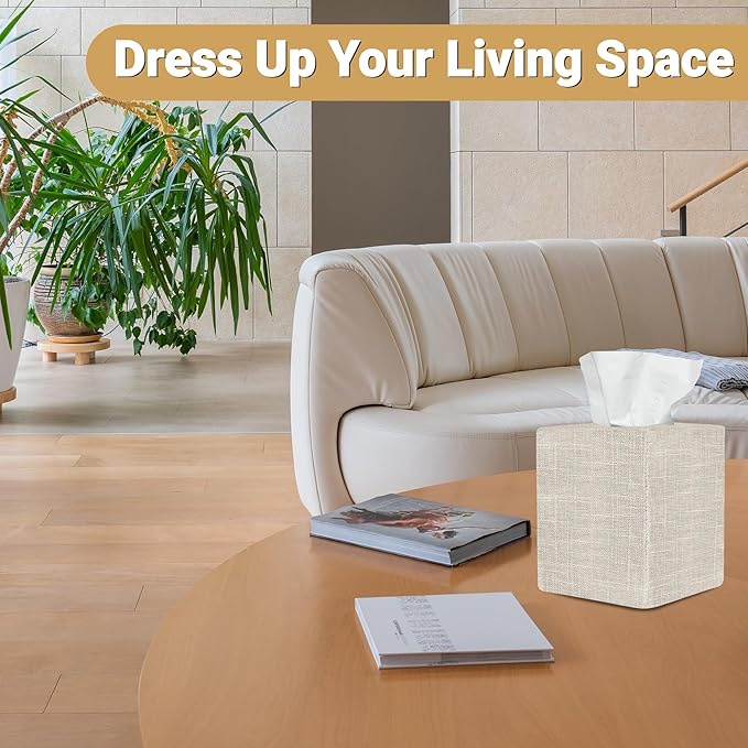 Tissue Box Cover, Cute Beige Linen Fabric Decorative Square Tissue Box Holder/Organizer for Bathroom Vanity Countertop/Office/Nightstand/Desk