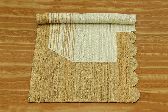 Scalloped Edge Rug, Hand Woven Natural Jute Area Rug, 9x9 Ft Square Beige & Brown Braided Kilim Rugs for Living Room, Kitchen, Entryway, Farmhouse