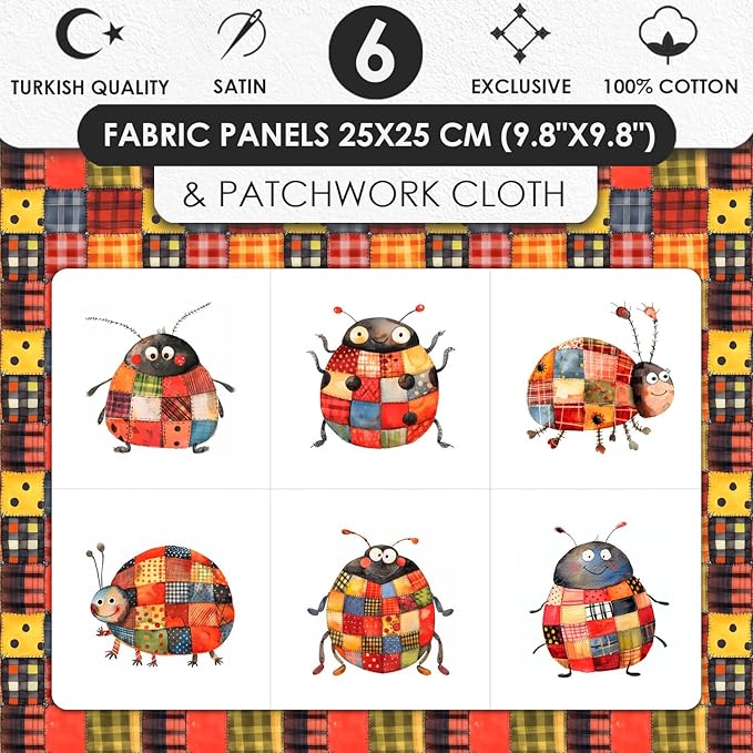 Patchwork Ladybug Cotton Fabric Panel – 6 Designs (10×10 inch Each) + Bonus Sheet 29.5×19.6 inch, 100% Cotton 140 GSM, Made in Türkiye