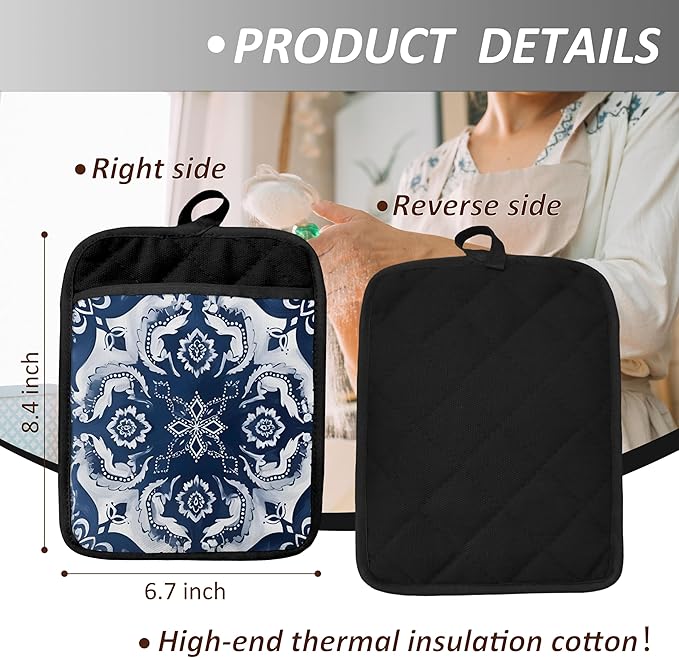 Blue and White Chinoiserie Floral Pot Holders with Pockets, Blue Floral Pot Holders Heat Resistant Oven Mitts Hot Pads for Kitchen Baking Cooking,Potholders for Kitchens