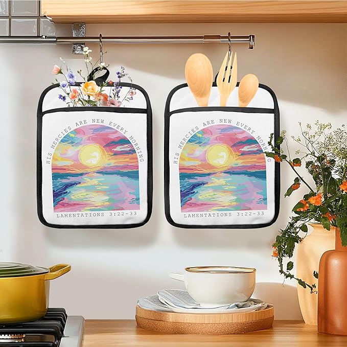 Inspirational Boho Christian Pot Holders for Kitchen, Bible Verse Gifts, His Mercies are New Every Morning Religious Heat Resistant Hot Pads and Oven Mitts for Baking Cooking