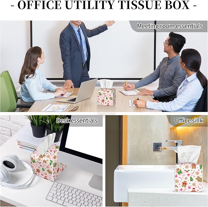 Tissue Box Cover, Christmas Gingerbread Cookies Pu Leather Square Tissue Box Cover Case Organizer Cube Box Holder for Bathroom Vanity Countertop, Night Stands, Office Desk & Car 5.2X5.2X5.2''