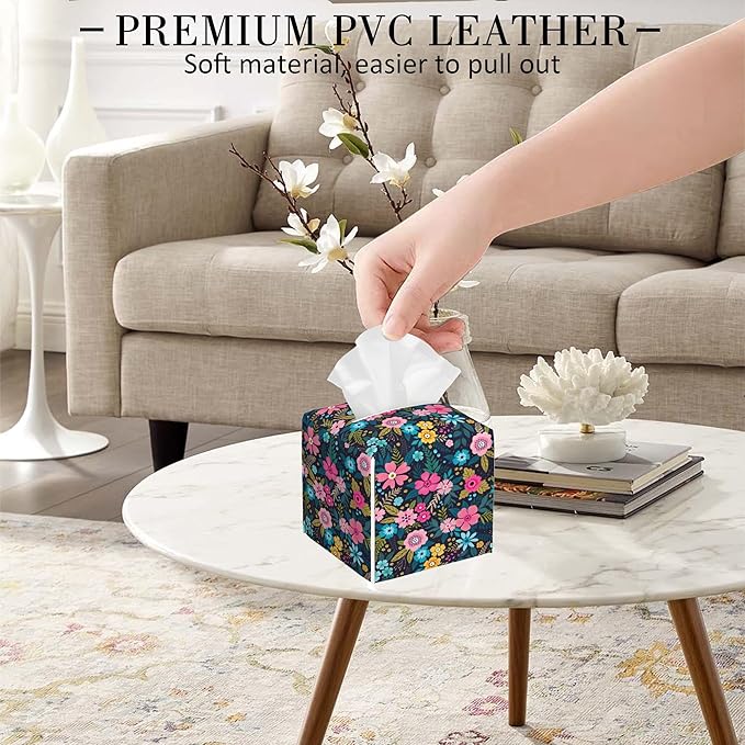 POIUBLE Tissue Box Holder Colorful Flowers Tissue Box Cover Square Leather Tissue Holder Organizer Portable Decorative Facial Paper Case for Home Office Bathroom Vanity Countertop