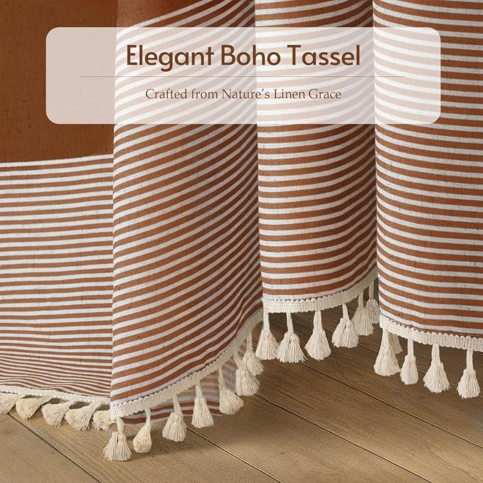 XOGUIBO Fall Shower Curtain Boho Linen Striped Shower Curtains for Bathroom with Tassel 72 X 72 Orange