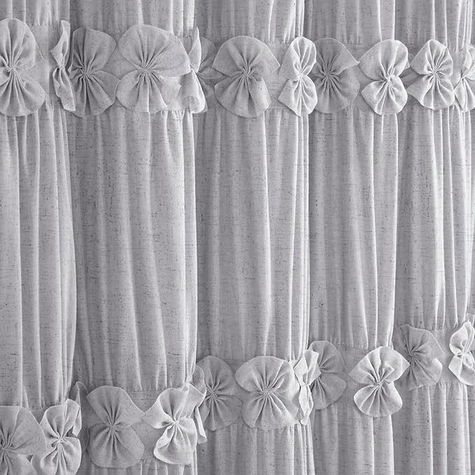 XOGUIBO Ruffle Shower Curtain with Handmade Bow Tie, Grey Linen Vintage Farmhouse Shower Curtain for Bathroom, 72" W x 72" H
