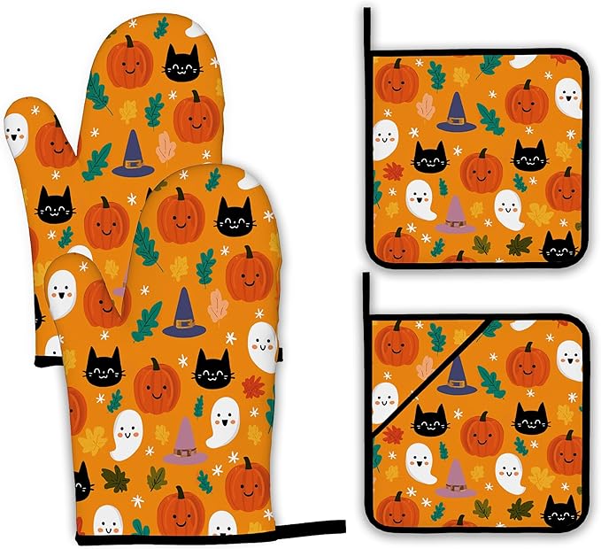 Halloween Pumpkins Oven Mitts and Pot Holders Set,Ghosts Black Cats Kitchen Decor Heat Resistant Non Slip Hot Pads and Oven Mitt for Chef Cooking Baking BBQ Mom Girl Gifts(4 Piece Set)