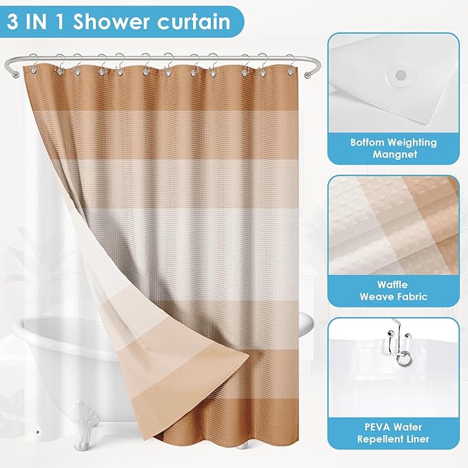 Nesphy Shower Curtain and Liner, Ombre Beige Striped 3 in 1 Shower Curtain and PEVA Liner Set with 12 Rust-Resistant Metal Hooks, Waterproof Fabric Shower Curtains for Bathroom, 72 W x 72 H