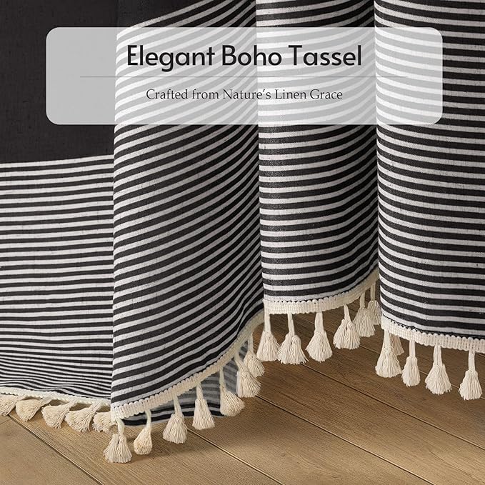 XOGUIBO Black Shower Curtain Boho Linen Striped Shower Curtains for Bathroom with Tassel 72 X 72