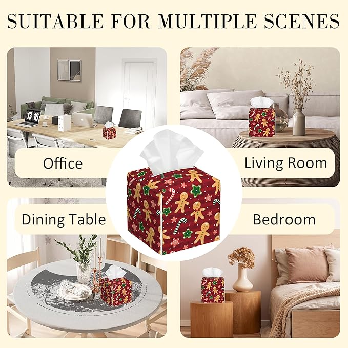 POIUBLE Candy and Star Leather Tissue Box Holder Christmas Red Gingerbread Tissue Box Cover Square Waterproof Tissue Holder Organizer Modern Napkin Holder for Bedroom Dresser Night Stand Office Desk