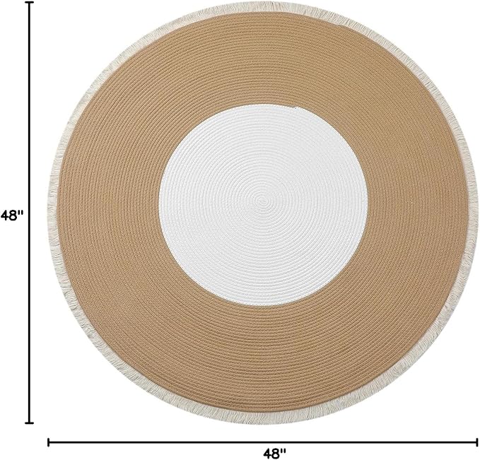 Handwoven 4ft Round Cotton Rope Rug with Tassel Trim – Washable Boho Braided Circle Rug for Bedside, Nursery, Entryway – Beige & White, Soft & Durable