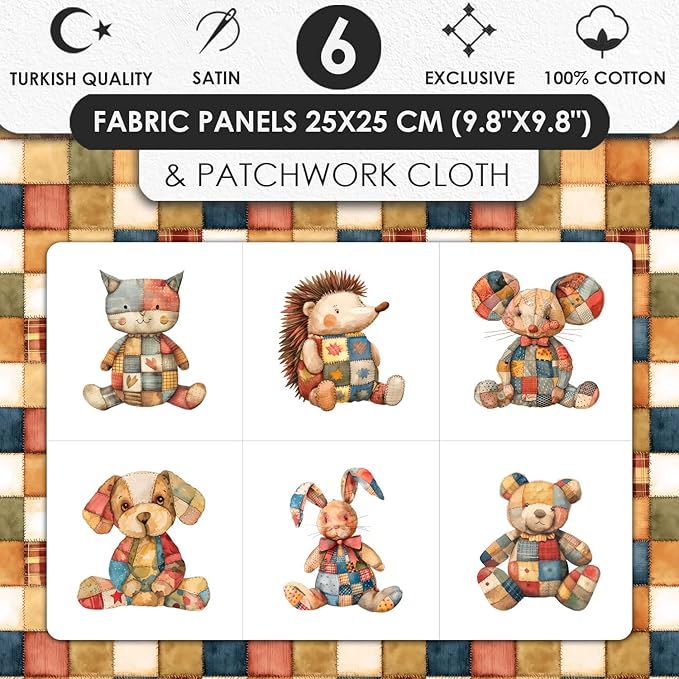 Patchwork Animals Cotton Fabric Panel – 6 Designs (10×10 inch Each) + Bonus Patchwork Sheet 29.5×19.6 inch, 100% Cotton 140 GSM