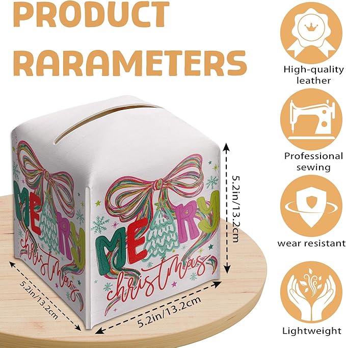 Merry Christmas Tissue Box Holder, Bow Christmas Tree Leather Tissue Box Cover Square, Paper Facial Decorative Tissues Cover for Night Stands Bathroom Kitchen Office Home Decor-B28