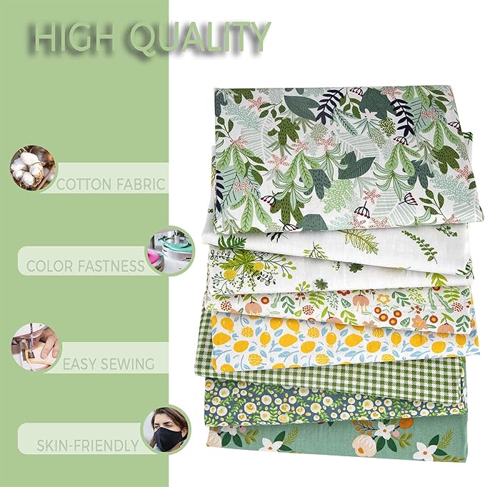 Aubliss 8pcs Fat Quarter Fabric Bundles 20'' x 20'' Cotton Craft Fabric Pre-Cut Squares Sheets for Patchwork Sewing Quilting Crafting(Green Floral)