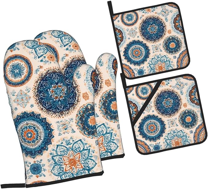Oven Mitts and Pot Holders Sets of 4 Vintage Mandala Flower Kitchen Potholder Gloves Heat Resistant Non-Slip for Chef Baking Cooking Grilling BBQ Mittens