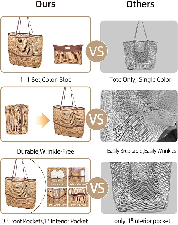 ToKismet Mesh Beach Tote Bag Packable,2026 New 2-in-1 Large Lightweight Foldable Beach Bags with Multiple Pockets for Women