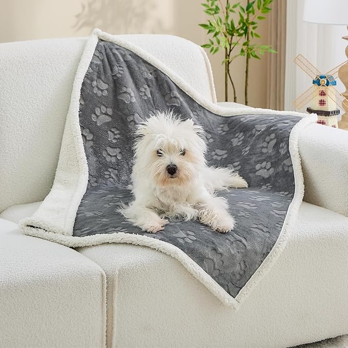 Qeils Pet Blankets for Cats - Waterproof Cat Blanket Washable - Sherpa Fleece Puppy Blanket, Soft Plush Reversible Throw Protector for Bed Couch Car Sofa, Grey 25x30 INCH