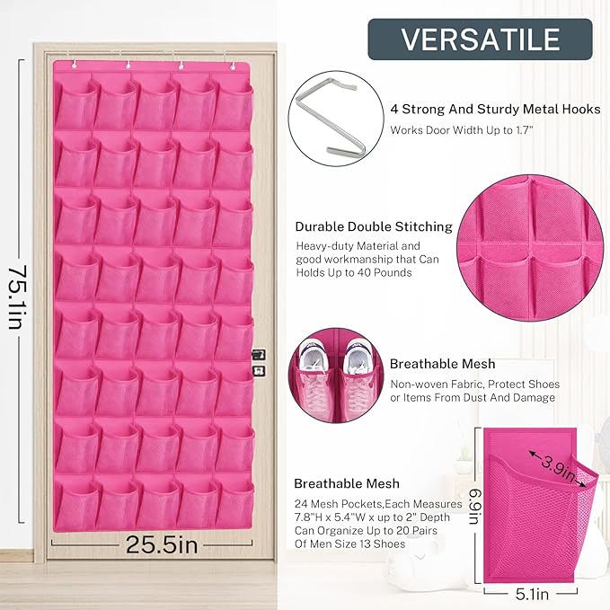Hualleko 40-Pocket Over the Door Shoe Organizer - Large Mesh Pocket Hanging Shoe Organizer,Behind the Door Shoes Storage Holder Hanger