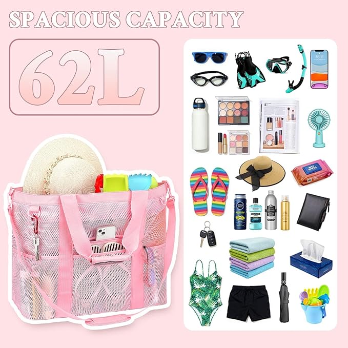 GYEUKHAM Mesh Beach Bag - Large Beach Tote Bag with Multiple Pockets for Family Beach Bag for Toys & Vacation Essentials