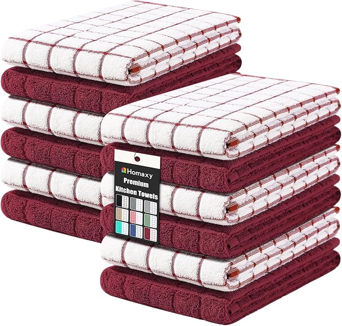 Homaxy Premium Cotton Kitchen Towels 16"x 28", Large Natural Ring Spun 390 GSM Dish Towels, Super Absorbent Terry Kitchen Hand Towels, Soft Tea Towels with Hanging Loop, Red Check Design,12 Pack
