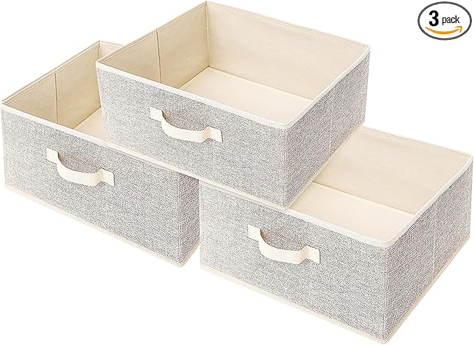 EITMOW Storage Baskets, 15.7-Inch Woven Fabric Bins, Storage Cubes with Reinforced Handles, Organizer Bins for Closet Shelves, Foldable, for Toys, Clothes, Natural Beige (3PCS/Beige-15.7*11*7.8inch)