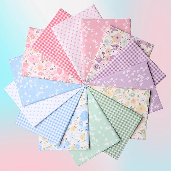 Hanjunzhao 14 Pcs Pink Green Blue Purple Floral Dots Plaid Print Cotton Fabric Fat Quarters Bundles 18 x 22 Inch Sewing Fabrics for Quilting Chrismas Holiday Party Decor DIY Crafts, Sweet Garden