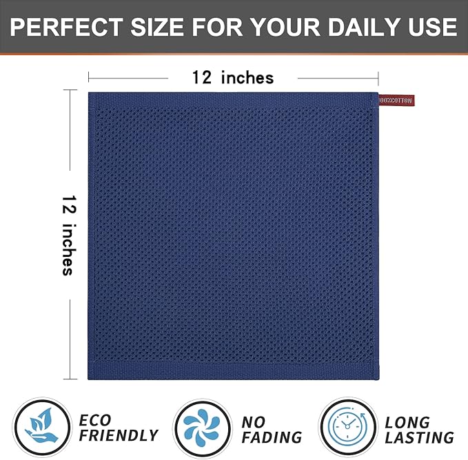 Kitinjoy 100% Cotton Kitchen Dish Cloths, 6 Pack Waffle Weave Ultra Soft Absorbent Dish Towels for Drying Dishes Quick Drying Kitchen Towels Dish Rags, 12 X 12 Inches, Navy Blue