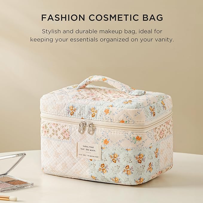 HBselect Christmas Gifts Large Quilted Makeup Bag, Cute Cotton Travel Makeup Bag with Handle, Portable Coquette Floral Make up Bags, Toiletry Organizer Make up Bags for Women Teen Girls Mom