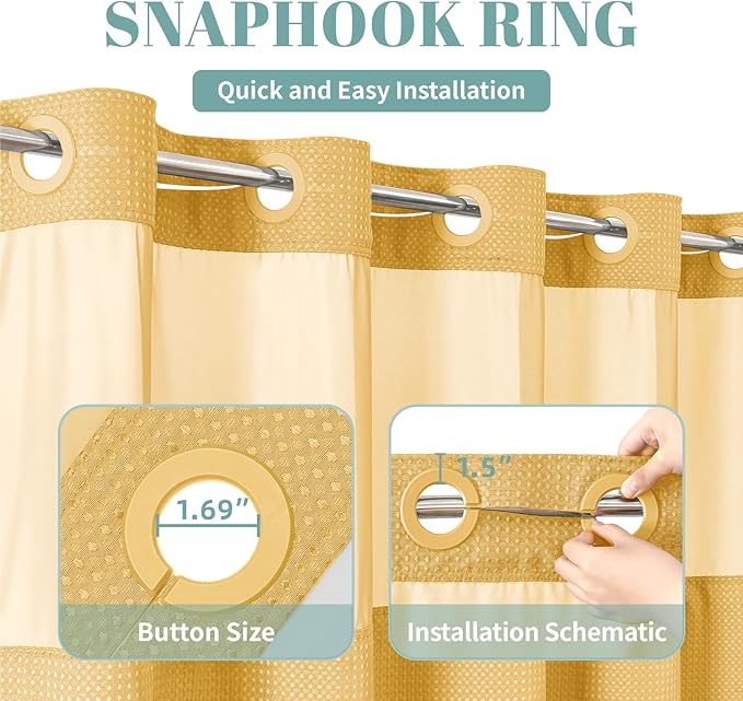 eachope Gold No Hook Waffle Weave Shower Curtain with snap-in Liner Replacement, 230GSM Waterproof Fabric Hotel Shower Curtain Set for Bathroom, Through Mesh Top Window,71Wx86H