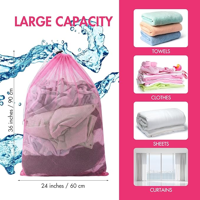 Berlune 30 Pack Large Mesh Laundry Bags, 24 x 36 Inch Bulk Wash Set with Drawstring for Commercial Use, Dorms, Vacation Rentals, Laundromats, Apartments & Facilities(Pink)