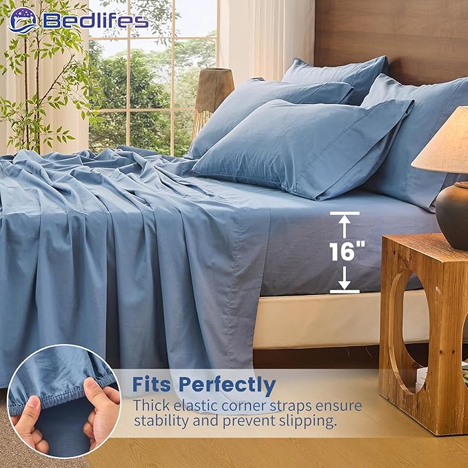 Bedlifes 100% French Pure Linen Sheets King Size Breathable and Cooling Flax Sheet Set Soft Durable and Moisture Wicking 16 Inch Deep Pocket-4 Piece(King,Flint Blue)