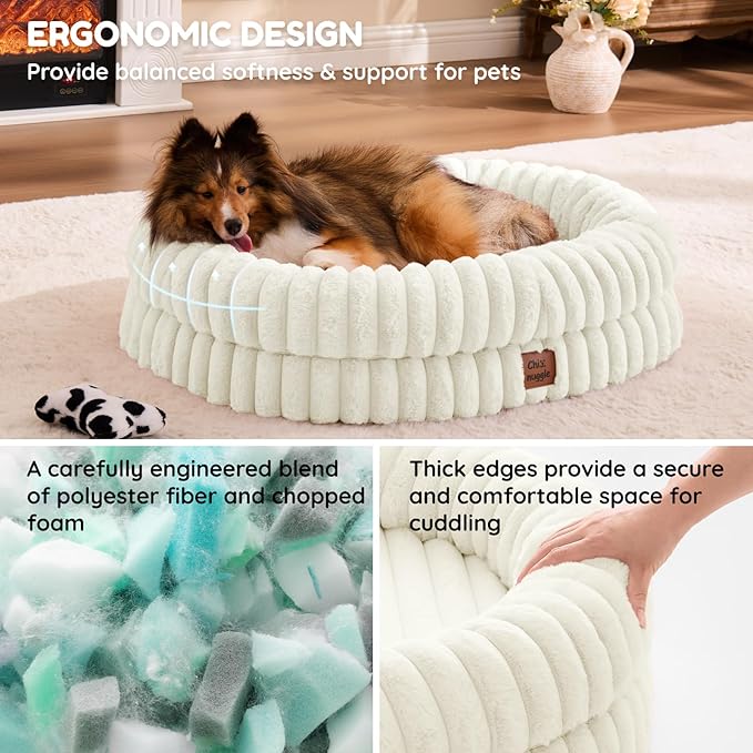 ChiXnuggle Dog Bed Medium Sized Dog - Luxury Striped Faux Fur Waterproof Pet Couch with Removable Washable Cover, Orthopedic Pet Bed with Bolster Sides for Sleeping, Cream