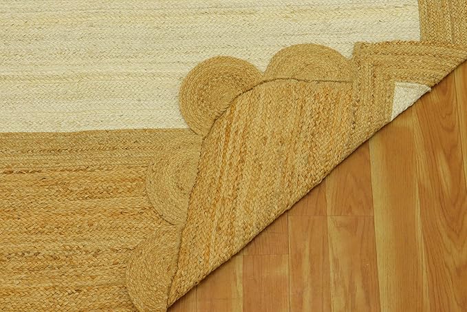 Scalloped Edge Rug, Hand Woven Natural Jute Area Rug, 4x6 Ft Beige & Brown Braided Sisal Kilim Rugs for Living Room, Kitchen, Entryway, Farmhouse