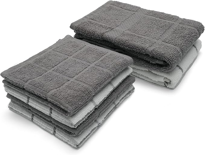Mellow Buff 100% Cotton Terry Dish Cloth & Dish Towel, 6 Pack, Super Soft and Absorbent Kitchen Towels, Perfect for Kitchen Cleaning and Dish Washing (Grey (DT and DC Combo))