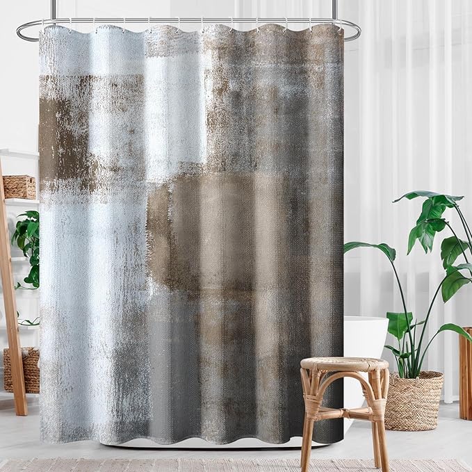 Culudea Brown Grey Painting Shower Curtain Set, Contemporary Gray Abstract Bathroom Window Waterproof Shower Curtain Set for Bathroom Decor