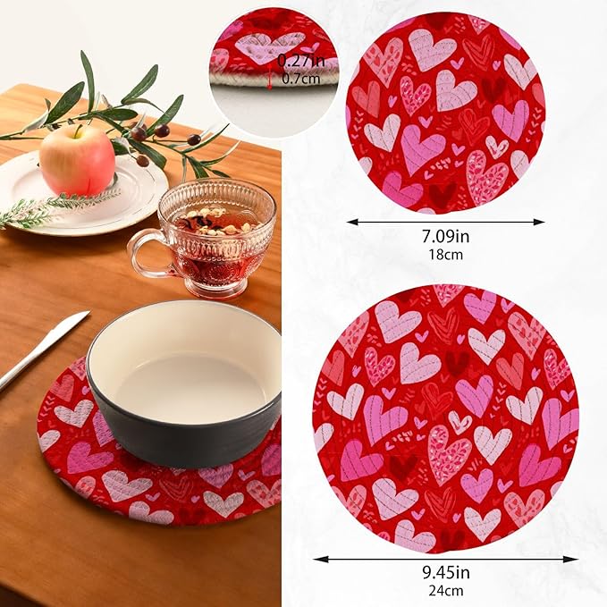 Red Pink Heart Trivet Mat 2PCS Valentine's Day Round Woven Potholders Kitchen Table Countertop Protector Hot Pads Farmhouse Coasters Counter Mats for Cooking Baking