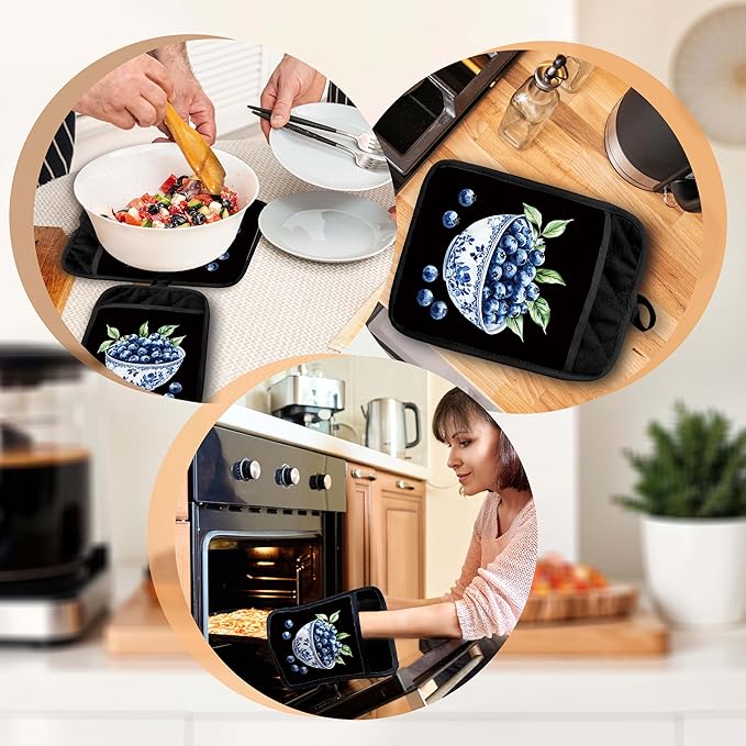 Chinoiserie Blueberry Cake Pot Holders with Pockets, Blue and White Grandmillennial Blueberry Fruit Oven Pot Holders Heat Resistant Oven Mitts Hot Pads for Kitchen Baking Cooking