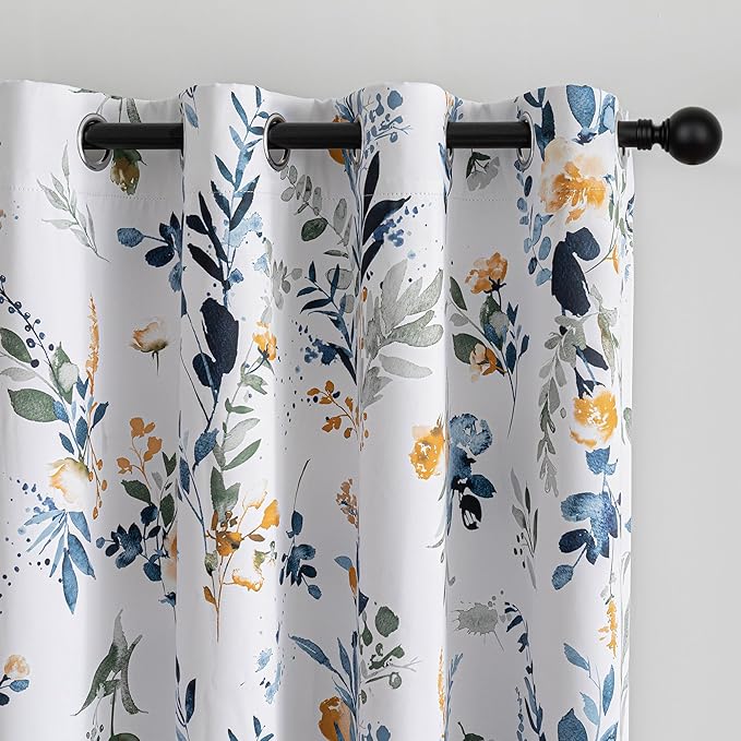 MYSKY HOME 95% Blackout Floral Curtains 84 inch Long 2 Panels for Bedroom Living Room Flower Patterned Room Darkening Thermal Insulated Soundproof Grommet Window Treatments, 52" Wide, Yellow and Blue
