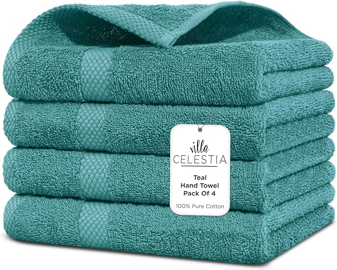 Villa Celestia 100% Cotton Hand Towel Set of 4, (16 x 28 inches) Sustainable, Soft, Highly Absorbent, Quick Drying, Combed Cotton Hand Towels Pack of 4 Ideal for Hotels, Spa, Bathroom, Dorm, Teal