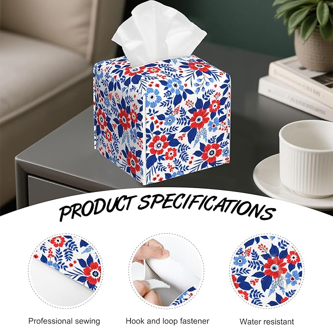Red and Blue Flowers Tissue Box Cover Square,Tissue Box Holder with Belt Bottom,Stylish Leather Napkin Holder for Vanity Countertop,Nightstands,Office Desk,5.2"×5.2"×5.2"