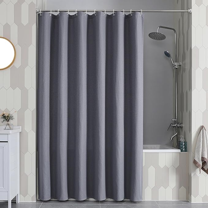 OVZME Extra Long Shower Curtain Set - 84 Inch Long Waffle Weave Heavy Duty Cloth Shower Curtain for Bathroom, Luxury Weighted 230GSM Bath Curtain Set with 12 Plastic Hooks, 72x84, Grey