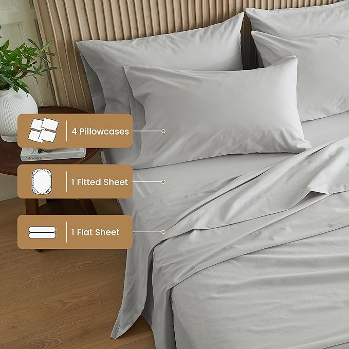 Simple&Opulence Belgian Linen Sheet Set Solid Color - 6 Pieces (1 Flat Sheet & 1 Fitted Sheet & 4 Pillowcases) 16" Deep Pocket Natural Flax Cotton Blended Soft Bedding - Khaki Grey, California King