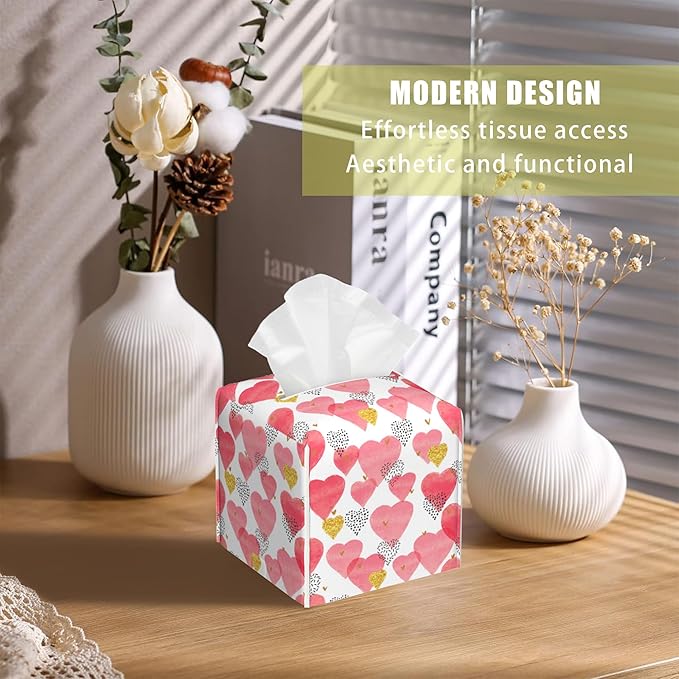 BLYKVGHQ Watercolor Pink Hearts Tissue Box Cover Square, Tissue Box Holder with Bottom Belt Leather Facial Paper Organizer Dispenser for Bathroom Bedroom Dresser Night Stand Tabletop